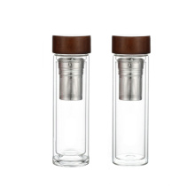 Double-layer  glass water bottle with wooden lid and bamboo  tea infuser bottle glass